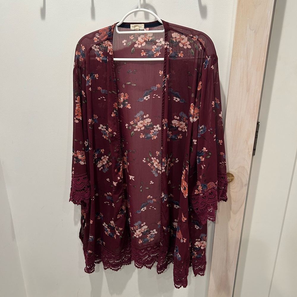 Mason and Belle Burgundy Sheer Floral Kimono Cardigan Size 2X